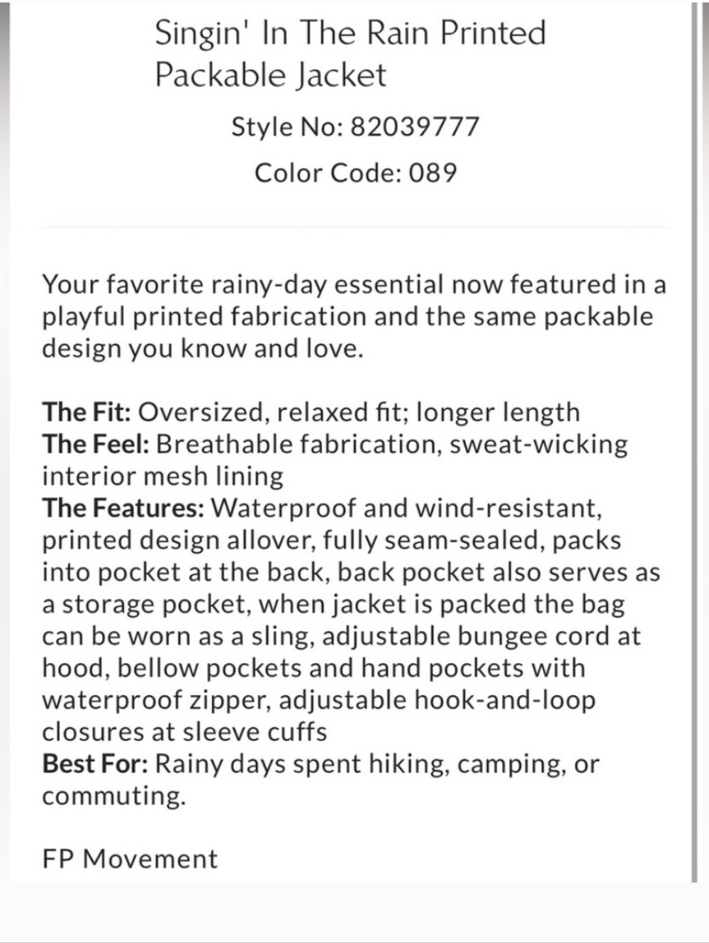 FP MOVEMENT - Singin' In The Rain, Printed Packable Jacket - Picture 4 of 5